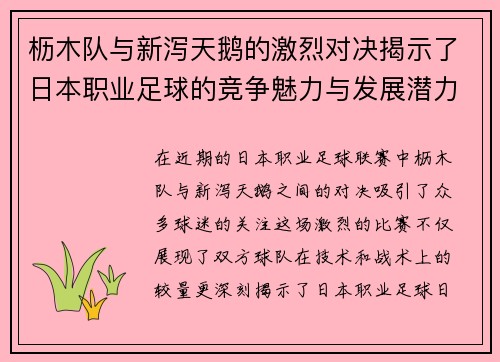 枥木队与新泻天鹅的激烈对决揭示了日本职业足球的竞争魅力与发展潜力